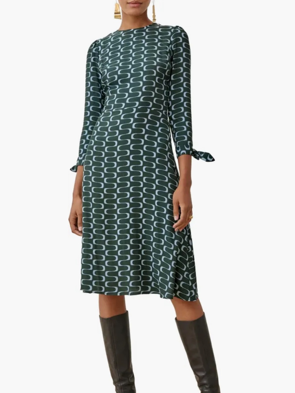 Reformation Green Port Print Long Sleeve Midi Dress with White Wave Pattern